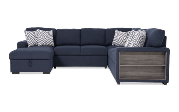 Playday Navy 119'' 4-piece left arm facing pop-up sleeper chaise sectional in navy polyester fabric with built-in bookshelf, storage chaise, USB/USB-C ports, and transitional style.