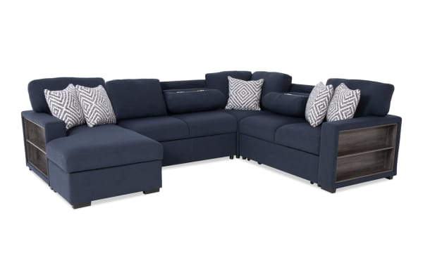 Playday Navy 119'' 4-piece left arm facing pop-up sleeper chaise sectional in navy polyester fabric with built-in bookshelf, USB/USB-C ports, and transitional style.