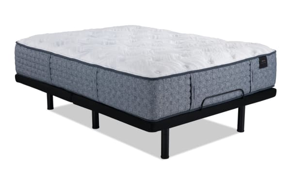 Power Bob Ultra Base with Envy 15.5'' King Firm Mattress featuring a hand-tufted white Tencel knit cover, gray hybrid comfort layers, adjustable black metal base with massage, USB ports, and under-bed lighting.