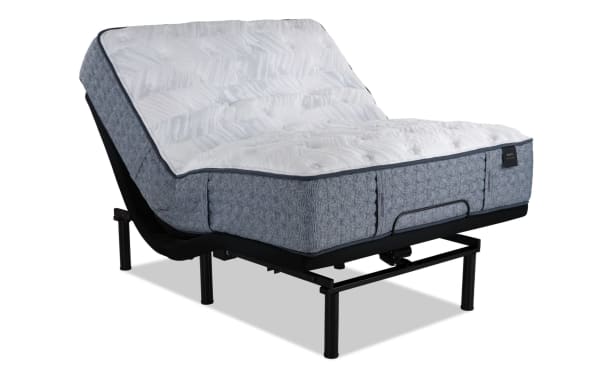 Power Bob Ultra Base with Envy 15.5" King Firm Mattress featuring hand-tufted white Tencel knit cover, blue hybrid comfort layers, adjustable black metal base with massage, USB ports, and under-bed lighting.
