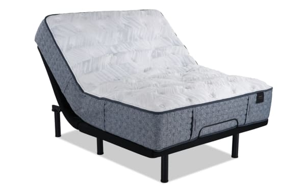 Power Bob Ultra Base with Envy 15.5'' King Firm Mattress featuring a hand-tufted white Tencel knit cover, gray hybrid comfort layers, adjustable base with massage, USB ports, and under-bed lighting.