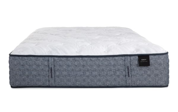 Power Bob Ultra Base with Envy 15.5'' King Firm Mattress featuring a hand-tufted white Tencel knit cover, blue-gray hybrid base, and Envy collection label.