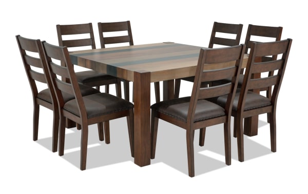 Canyon 9 Piece Brown Faux Leather Square Dining Set with rustic multi-tone MDF wood table and brown faux leather padded chairs from Canyon Dining collection.
