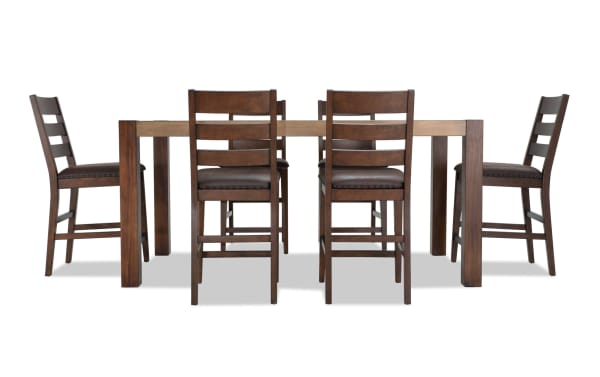 Canyon 7 Piece Brown Faux Leather Counter Height Dining Set with rustic multi-tone MDF wood table and cushioned brown faux leather chairs.