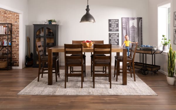 Canyon 7 Piece Brown Faux Leather Counter Height Dining Set with rustic multi-tone MDF wood table, faux leather cushioned chairs, and memory foam seats.