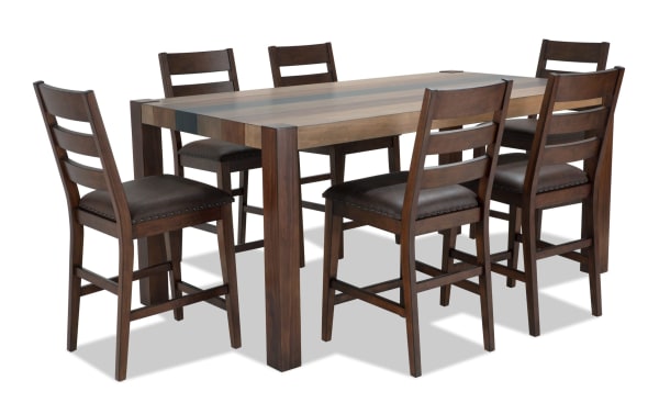 Canyon 7 Piece Brown Faux Leather Counter Height Dining Set with rustic multi-tone MDF wood table and cushioned faux leather chairs.