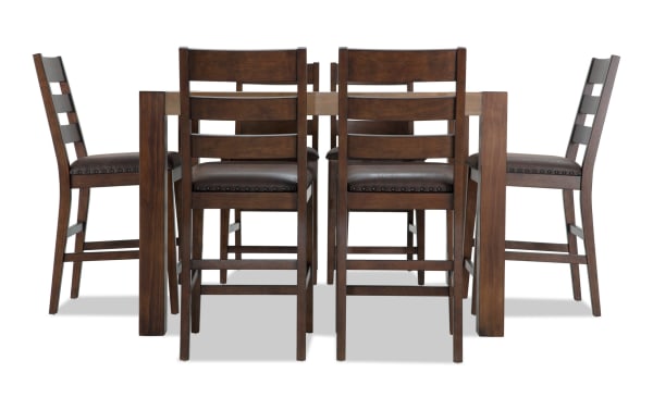 Canyon 7 Piece Brown Faux Leather Counter Height Square Dining Set with rustic multi-tone MDF wood and cushioned Bob-O-Pedic Memory Foam seats.