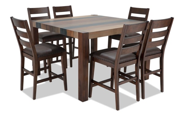 Canyon 7 Piece Brown Faux Leather Counter Height Square Dining Set with multi-tone MDF wood table and cushioned Bob-O-Pedic Memory Foam seats in rustic style
