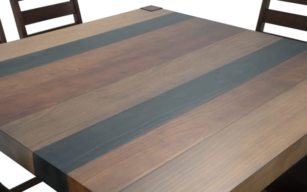 Rustic Canyon 7 Piece Brown Faux Leather Counter Height Square Dining Set with multi-tone MDF wood table and memory foam upholstered chairs.