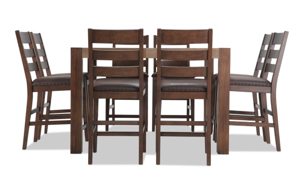 Canyon 9 Piece Brown Faux Leather Counter Height Square Dining Set with rustic multi-tone MDF wood and cushioned Bob-O-Pedic Memory Foam seats.