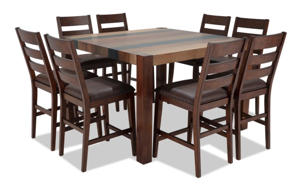 Canyon 9 Piece Brown Faux Leather Counter Height Square Dining Set with multi-tone MDF wood table and cushioned brown faux leather chairs in rustic style.