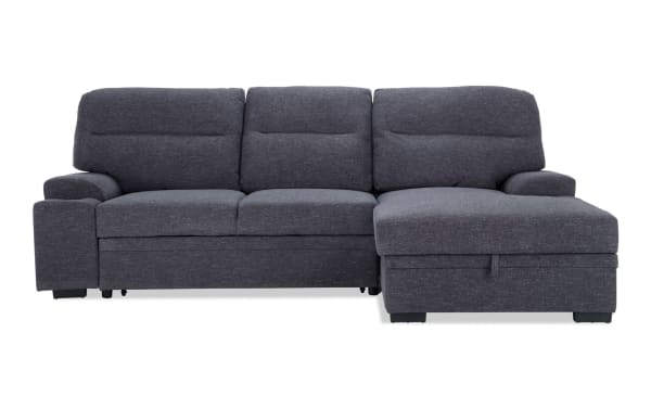 Halftime Gray 102'' right arm facing pop-up sleeper chaise sectional in gray polyester fabric, transitional style with cozy cushion arms, built-in cup holders, and hidden storage for versatile lounging and game day comfort.