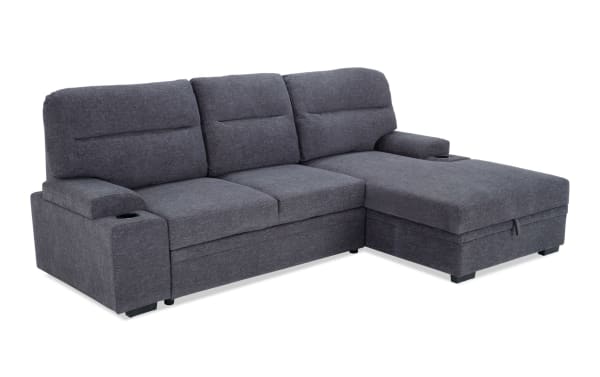 Halftime Gray 102'' Right Arm Facing Pop-Up Sleeper Chaise Sectional in gray polyester fabric with built-in cup holders, hidden storage, and plush cushion arms for transitional style lounging.