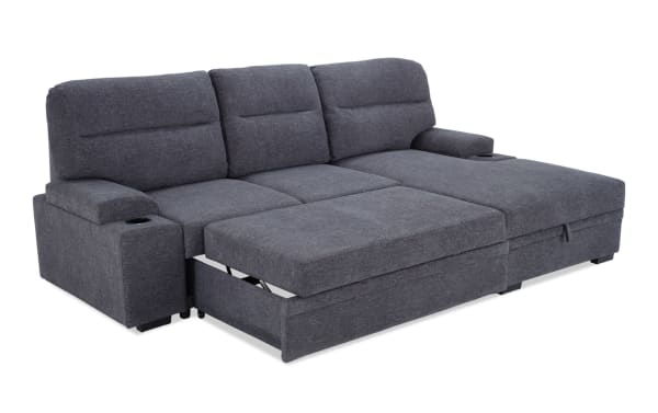 Halftime Gray 102'' Right Arm Facing Pop-Up Sleeper Chaise Sectional in gray polyester fabric with built-in cup holders, hidden storage, and plush cushion arms for transitional style lounging.