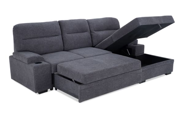 Halftime Gray 102'' Right Arm Facing Pop-Up Sleeper Chaise Sectional in gray polyester fabric with built-in cup holders, hidden storage, and cozy cushion arms for versatile lounging and sleeping.