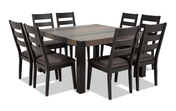 Canyon 9 Piece Gray Faux Leather Square Dining Set with multi-tone MDF wood table and gray faux leather cushioned chairs, rustic style.