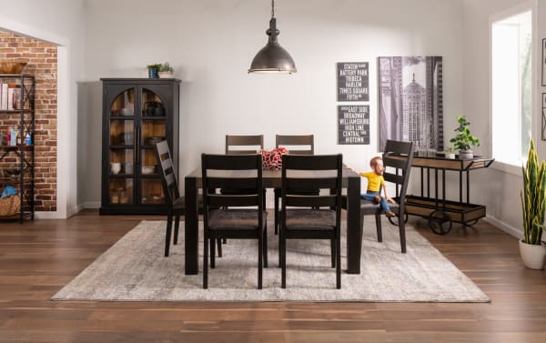 Rustic Canyon 9 Piece Gray Faux Leather Dining Set with multi-tone MDF wood table, square design, and memory foam upholstered chairs.