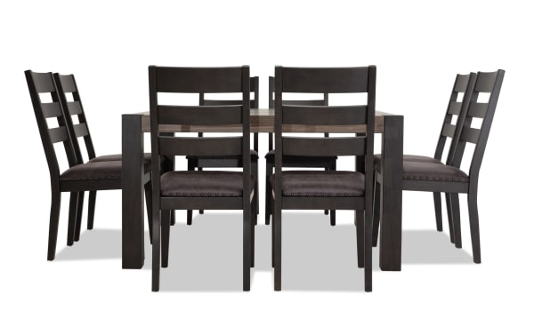 Canyon 9 Piece Gray Faux Leather Square Dining Set with rustic multi-tone MDF table and gray faux leather upholstered chairs, Canyon Dining collection.