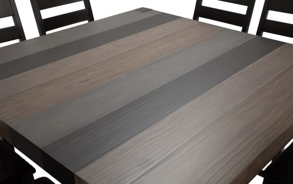 Square Canyon 9 Piece Gray Faux Leather Dining Set with multi-tone rustic MDF wood table and gray faux leather upholstered chairs.