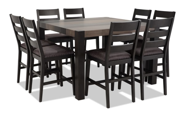 Canyon 9 Piece Gray Faux Leather Counter Height Square Dining Set with rustic multi-tone MDF table and cushioned gray faux leather chairs from Canyon Dining collection.