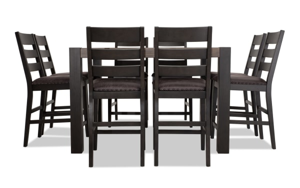 Canyon 9 Piece Gray Faux Leather Counter Height Square Dining Set with rustic multi-tone MDF table and cushioned gray faux leather chairs.