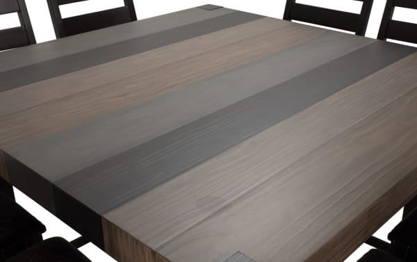 Square gray faux leather counter height dining table from the Canyon 9 Piece Rustic Dining Set, featuring multi-tone MDF wood surface and memory foam chairs.