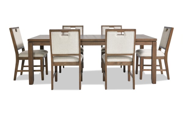 Brookline 7 Piece Brown & White Upholstered Dining Set with extendable solid acacia wood table and six white polyester fabric chairs in transitional style.