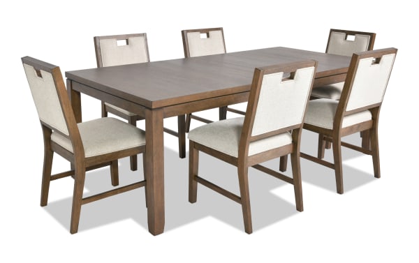 Brookline 7 Piece Brown & White Upholstered Dining Set with extendable wood table and six white polyester fabric chairs in transitional style.