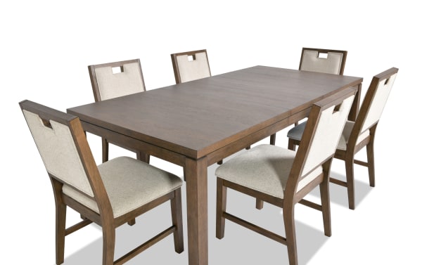Brookline 7 Piece Brown & White Upholstered Dining Set with solid acacia wood table and six white polyester fabric chairs in transitional style.