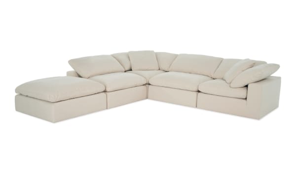 Beige Dream Shell 131'' 5 Piece Modular Sectional with reversible oversized cushions, 2 armless chairs, 2 corners, 1 ottoman in transitional style fabric upholstery.