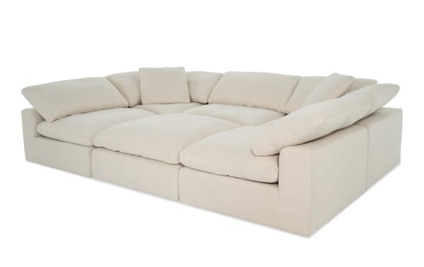Beige Dream Shell 131'' 6 Piece Modular Sectional with oversized reversible cushions, fabric upholstery in polyester and nylon, transitional style.