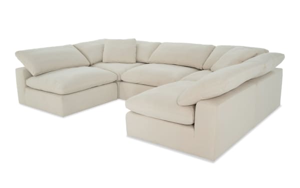 Beige Dream Shell 183'' 5 Piece Modular Sectional with reversible oversized cushions, polyester-nylon fabric, and transitional style for customizable living room seating.