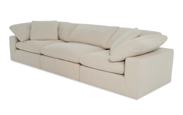 Dream Shell 131" beige 3-piece modular sofa with 2 corners, 1 armless chair, reversible oversized cushions, polyester-nylon fabric, transitional style.