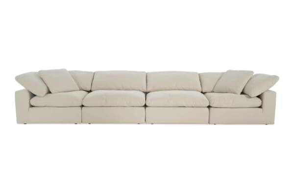 Dream Shell 174'' beige 4-piece modular sofa with 2 corners, 2 armless chairs in transitional style. Polyester-nylon fabric with oversized reversible cushions and feather blend toppers.