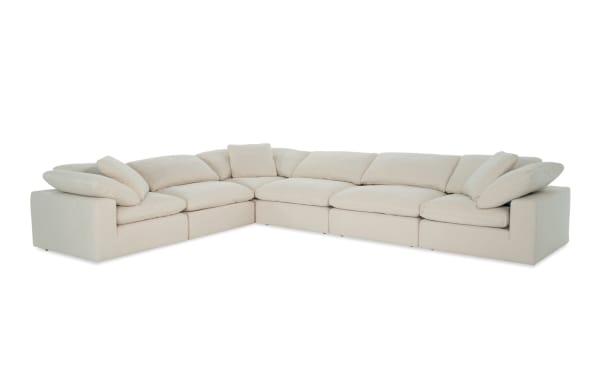 Dream Shell 174'' beige 6-piece modular sectional sofa with 3 armless chairs and 3 corners, transitional style, polyester fabric upholstery, oversized reversible cushions with feather blend topper for customizable living room seating.