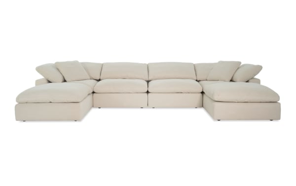 Beige Dream Shell 174'' 6 Piece Modular Sectional with oversized reversible cushions, polyester-nylon fabric, transitional style, and two accent pillows.