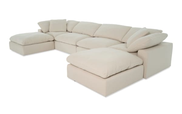 Beige Dream Shell 174'' 6 Piece Modular Sectional with oversized reversible cushions, 2 armless chairs, 2 corners, 2 ottomans in soft polyester-nylon fabric, transitional style.