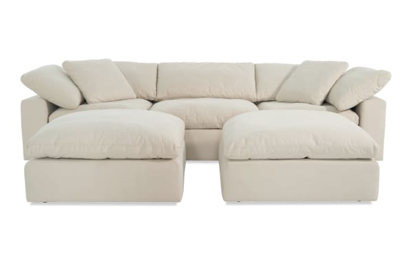 Dream Shell 131'' beige 5-piece modular sectional with 2 corners, 2 ottomans, 1 armless chair in transitional style, polyester fabric upholstery.
