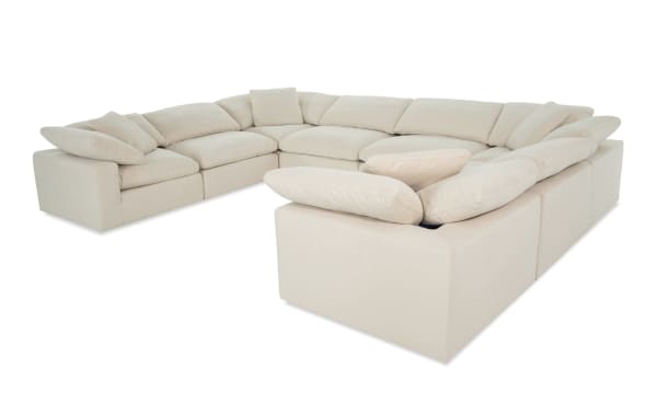 Beige Dream Shell 174'' 8-piece modular sectional with four armless chairs and four corners, featuring reversible Bob-O-Pedic cushions in soft polyester-nylon fabric, transitional style for customizable living room seating.