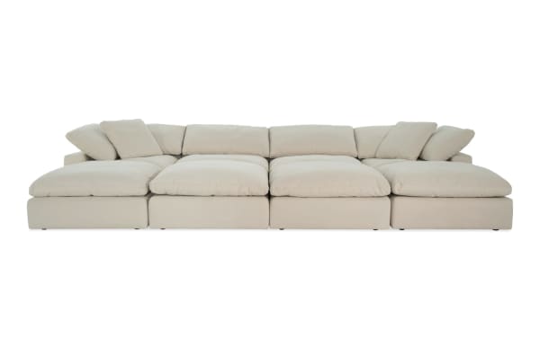 Dream Shell 174'' beige 8-piece modular sectional with 4 ottomans, 2 armless chairs, 2 corners, polyester fabric, transitional style, reversible oversized cushions.