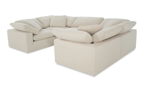 Dream Shell 131'' beige 5-piece modular sectional sofa with 4 corner seats, 1 armless chair, oversized reversible cushions in soft polyester-nylon fabric, transitional style.