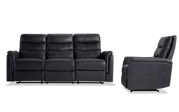 Forte Charcoal Manual Reclining Sofa and Gliding Recliner set in gray polyester fabric with padded arms, memory foam seating, and contrasting stitch detail.