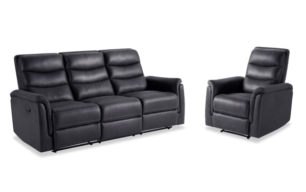 Forte Charcoal Manual Reclining Sofa and Gliding Recliner set in gray polyester fabric with padded arms, memory foam seating, and contrasting stitch detail.