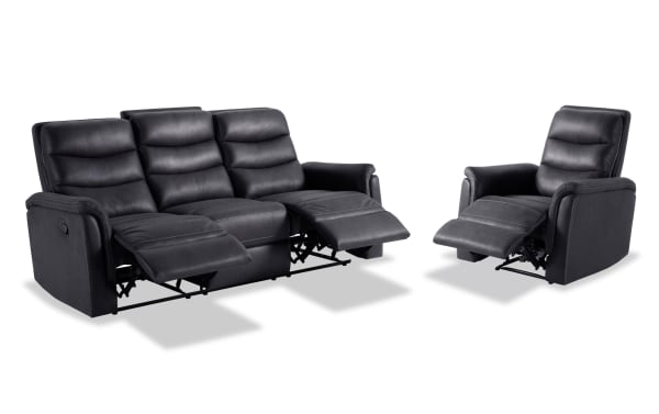 Forte Charcoal Manual Reclining Sofa and Gliding Recliner set in gray polyester fabric with padded arms, memory foam seating, and contrasting stitch design.