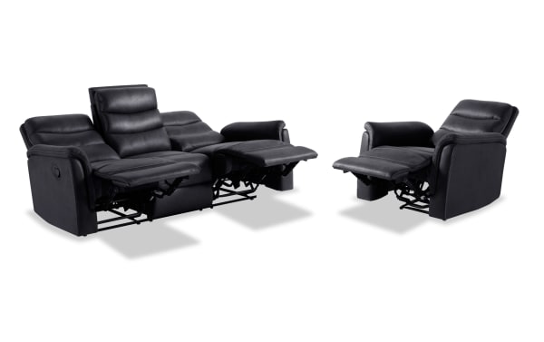 Forte Charcoal Manual Reclining Sofa and Gliding Recliner set in gray polyester fabric with padded arms, Bob-O-Pedic memory foam seating, and contrasting stitch design.