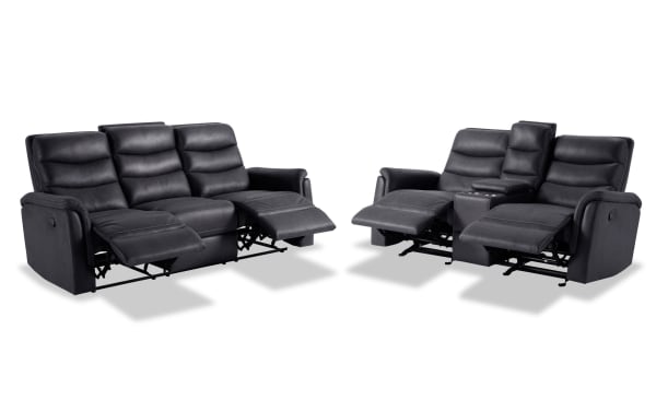 Forte Charcoal 82'' manual reclining sofa and 72'' gliding console loveseat set in gray polyester fabric with padded arms, memory foam seating, and contrasting stitch.