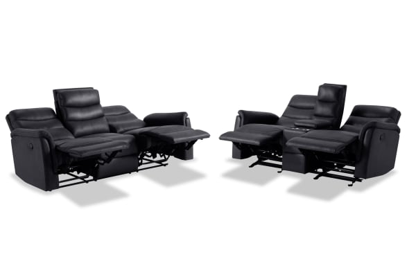 Forte Charcoal 82'' manual reclining sofa and 72'' gliding console loveseat in gray polyester fabric with padded arms, memory foam seating, and contrasting stitch.