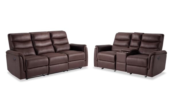 Forte Chocolate Manual Reclining Sofa and Gliding Console Loveseat set in brown polyester fabric with padded arms, memory foam seating, and contrasting stitch.