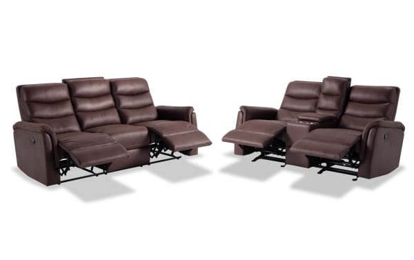 Forte Chocolate Manual Reclining Sofa & Gliding Console Loveseat in brown polyester fabric with padded arms, memory foam seating, and contrasting stitch.