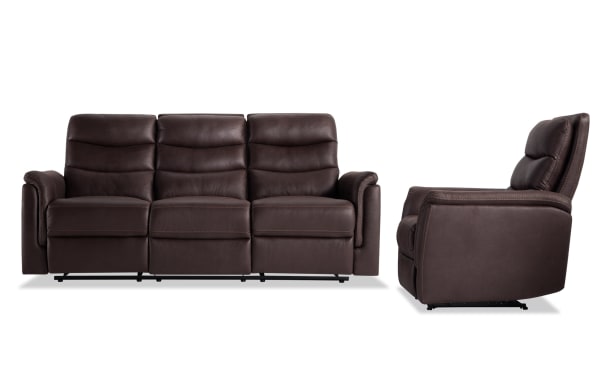 Forte Chocolate 82" power reclining sofa and power gliding recliner in brown polyester fabric with padded arms, memory foam seating, USB port, and transitional style.